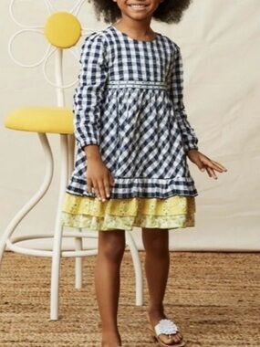 NWT Matilda Jane Girls Gingham & Giggles Textured Dress in Navy Blue & Yellow 8
